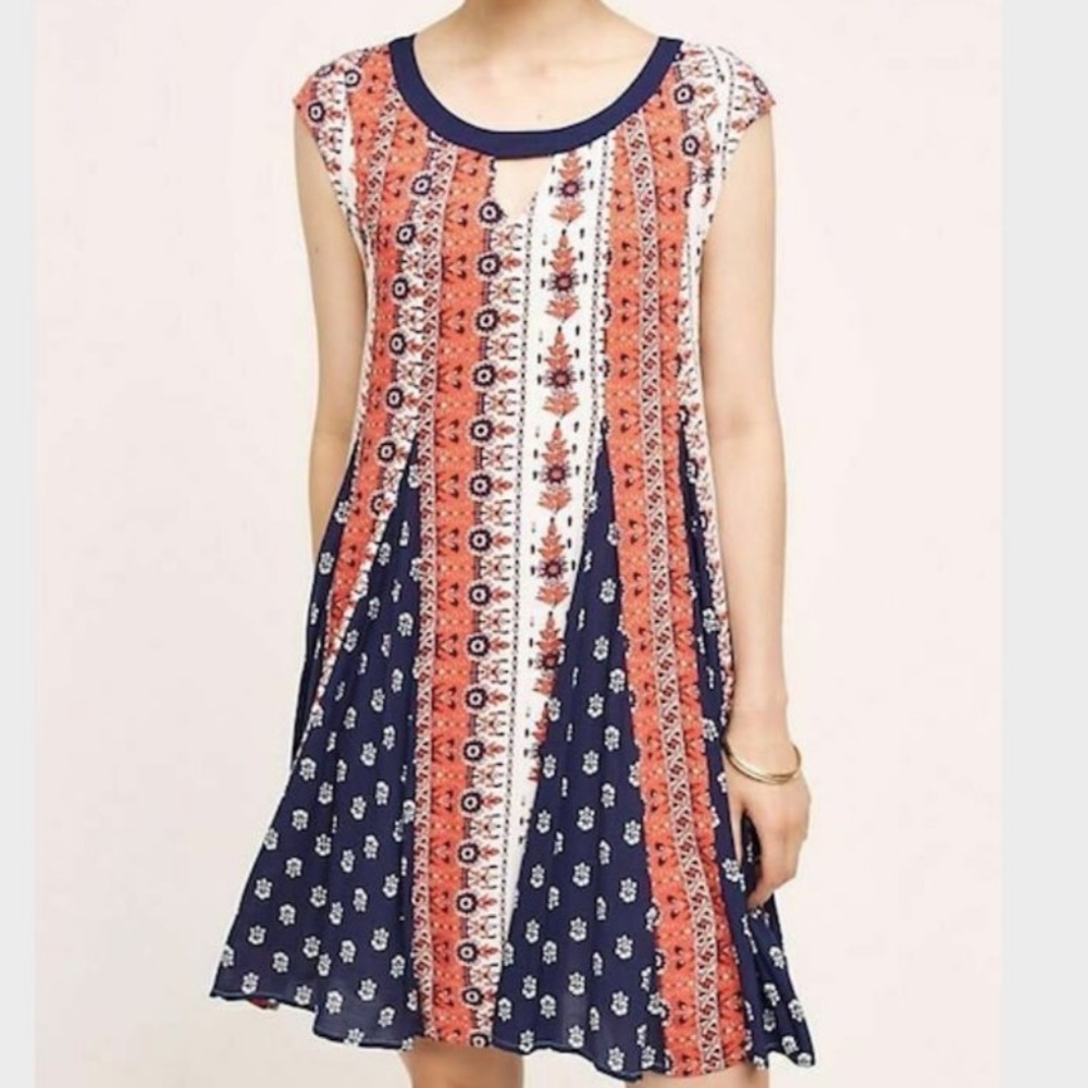 Maeve Anthropologie Canadice Patchwork Swing Dress Size M in Corral Navy white